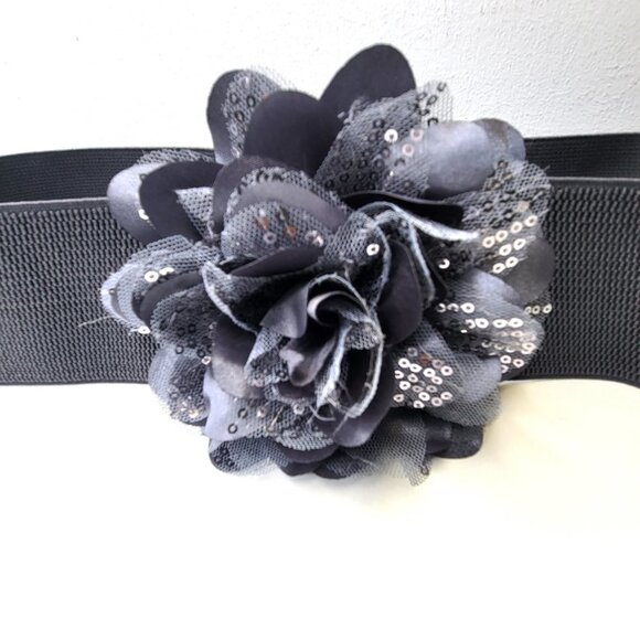 Large Grey Floral Glitter Belt Stretchy Womens Belt - Picture 7 of 9